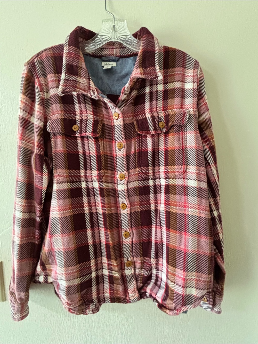 L.L. Bean Burgundy and Pink Plaid Button-Front Shacket